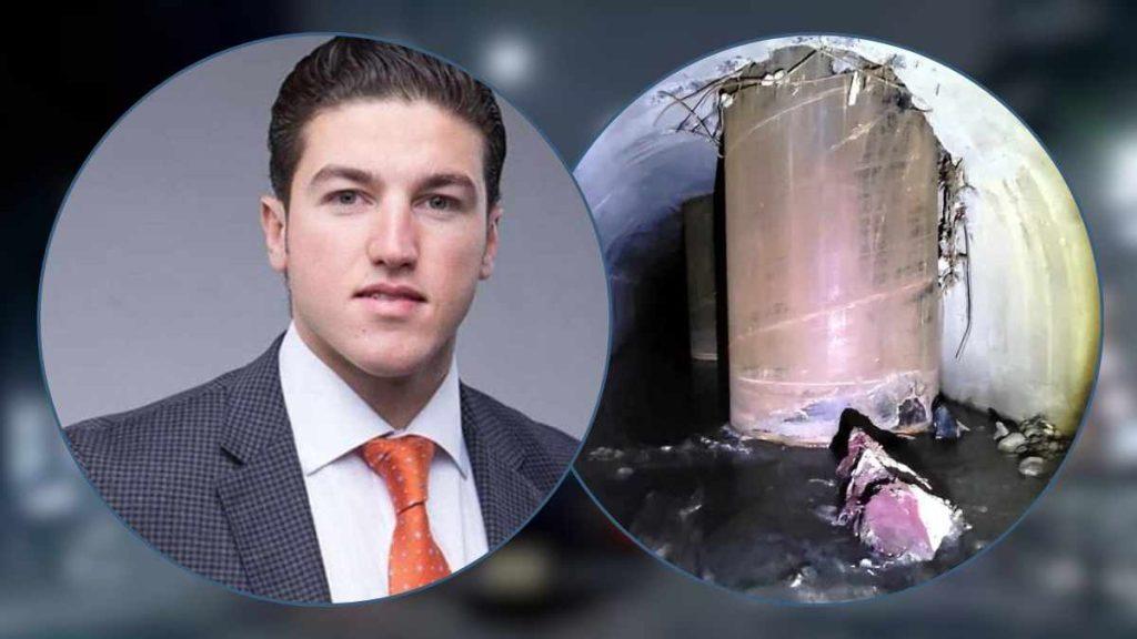 Portrait of a Young Man in a Suit on the Left, Beside a Damaged Cylindrical Industrial Structure on the Right in a Hazy Background. | Ciudadano Seguros