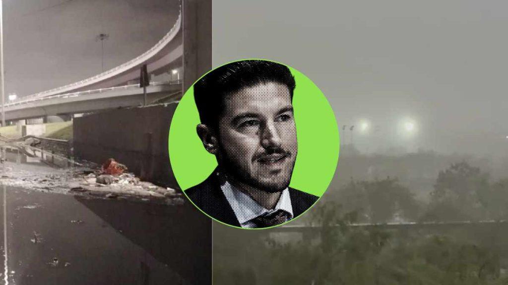 Collage: Flood-damaged Roadway Under a Bridge on the Left, a Foggy Landscape on the Right, with a Bright Green Circle Containing a Man's Portrait in the Center. | Ciudadano Seguros
