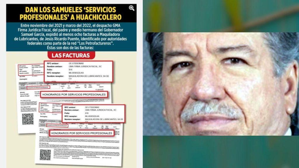 Maquiladora-de-lubricantes-transferia-dinero | Ciudadano Seguros Collage: Left Shows Invoices and Documents About 'servicios Profesionales'; Right Shows a Close-up of an Older Man with a Gray Mustache. | Ciudadano Seguros