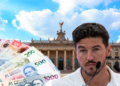 Endeudamiento-de-nl | Ciudadano Seguros Man Speaking into Two Microphones in Front of a Grand Government-style Building, with a Fanned Pile of Mexican Peso Banknotes in the Foreground | Ciudadano Seguros